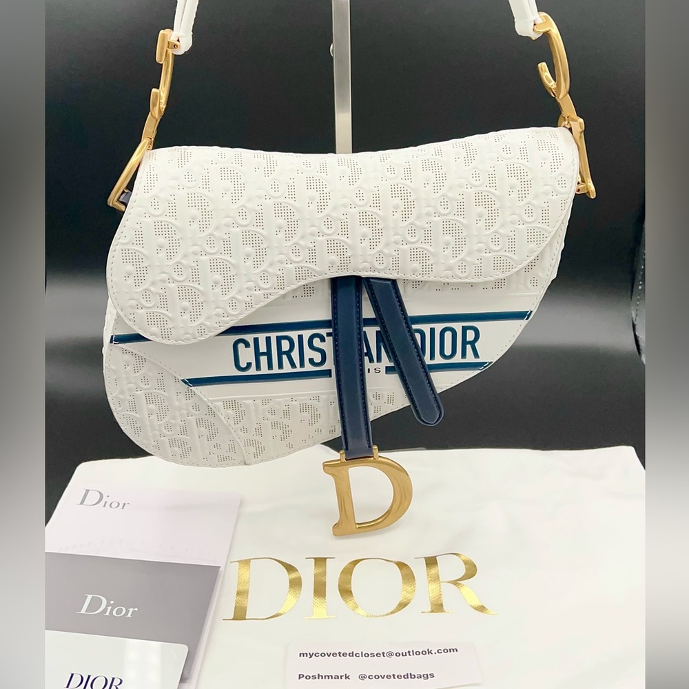 Dior Saddle Bag Perforated Leather Excellent  Condition w/Dust Bag Strap and COA